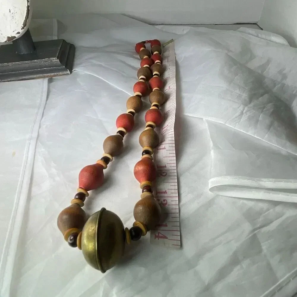 Vintage Tribal handmade wooden bone brass boho festival necklace